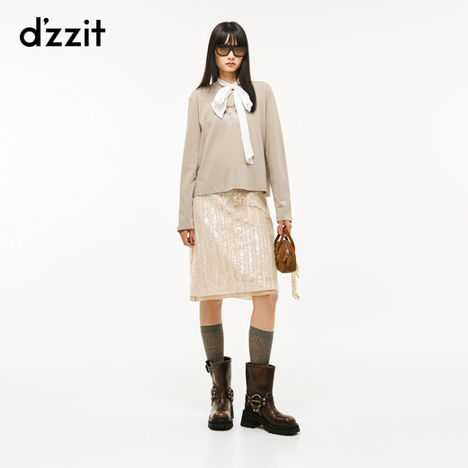 DZZIT long-sleeved T-shirt 2026 spring new simple style kitten print cotton shoulder top women 3K1BA241A white XS