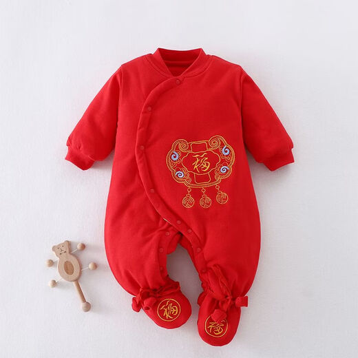 Modal 120g Newborn Big Red Full Red One-piece Harness Feet-Based Infant Thin Cotton Full Moon Hundred Days Happy New Year Clothes Big Red Fortune Lock 59cm Recommended Age 1-3 Month Code/Recommended 6-10 Jin Jin is equal to 0.5 kg