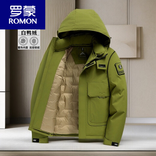 罗蒙（ROMON）冬季男士工装90白鸭绒羽绒服冬连帽冲锋衣户外保暖中青年外套 绿色 XL 180 建议120-135斤