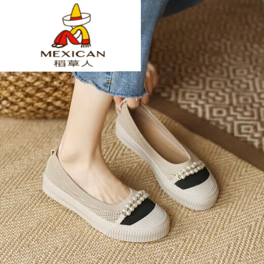 稻草人（MEXICAN）渔夫鞋2024浅口圆头单鞋女编织鞋飞织平底色厚底乐福鞋 黑色 蝴蝶结 36