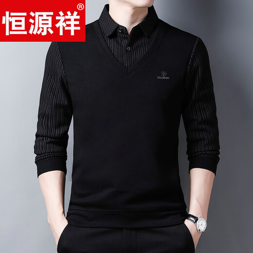 Hengyuanxiang camiseta de manga larga para hombres de mediana edad de alta gama para hombres primavera y otoño cuello de camisa delgada camiseta falsa de dos piezas ropa de papá para hombres negro 8832 L 170