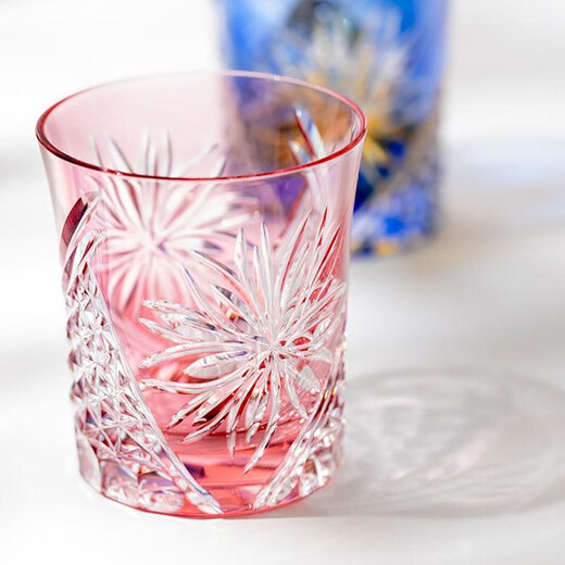 KAGAMI Glass Edo Kiku Pair Whiskey Wine Cup Rock Cup Drinkware Set Pink/Blue 250ml