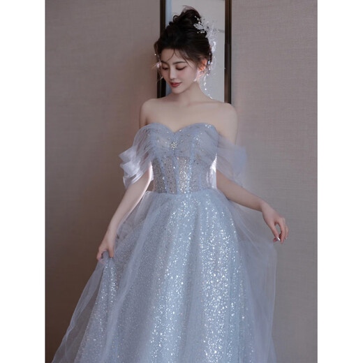 Rich collar high-end banquet evening dress blue dress light luxury niche temperament one-shoulder birthday ceremony host princess dress blue XS