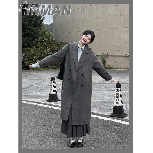 Inman wool double-sided wool coat winter women's commuter lapel collar cocoon-shaped temperament long coat dark floral gray M