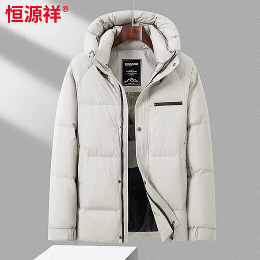 恒源祥冬季加厚连帽短款羽绒服男中年商务时尚鸭绒面包服防寒羽绒袄外套 米白色 M 170