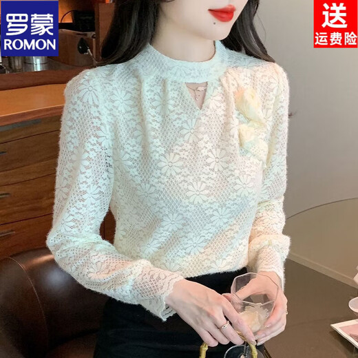 ROMON autumn and winter fashionable half turtleneck lace bottoming shirt for women new style with velvet thickened warm top and small shirt khaki regular style S 80-90Jin Jin is equal to 0.5 kg