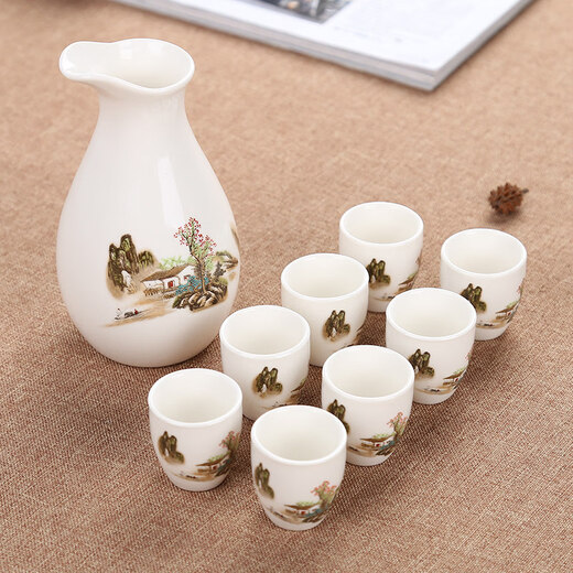Shiganu ceramic wine set 9 pieces half Jin Jin equal to 0.5 kg small wine pot sake white wine cup one pot 8 wine glasses (spring simple decoration_)