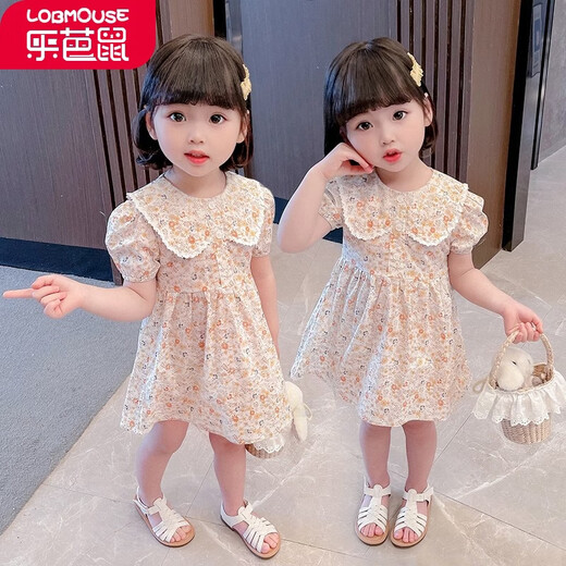 乐芭鼠童装女童连衣裙女宝宝衣服夏季甜美可爱碎花裙小孩裙子公主裙娃娃领洋气时髦薄款中小童 桔色 100码建议2-3岁 ( 90-100cm )