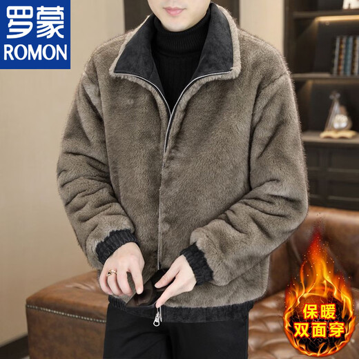 ROMON winter deerskin velvet jacket men's double-sided fur integrated velvet thickened windproof and warm leather jacket motorcycle jacket brown (velvet) double-sided thickened L (90-110Jin Jin is equal to 0.5 kg)