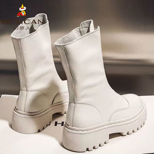 Scarecrow genuine leather Martin boots for female students Korean 2026 autumn and winter versatile mid-calf thick-soled short boots for women winter boots black plus velvet 41