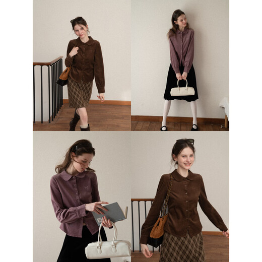 EGGKA bow embroidered corduroy long-sleeved shirt autumn and winter temperament short waist top E25A60797BK Purple M