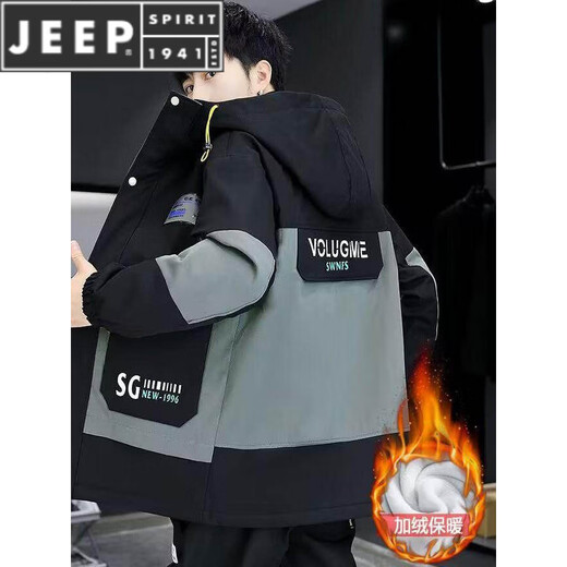 JEEP SPIRIT autumn and winter velvet thickened hooded windbreaker jacket men's work jacket trendy versatile outer wear warm jacket leather label plus velvet black gray L recommended 100-120Jin Jin equals about 0.5 kg
