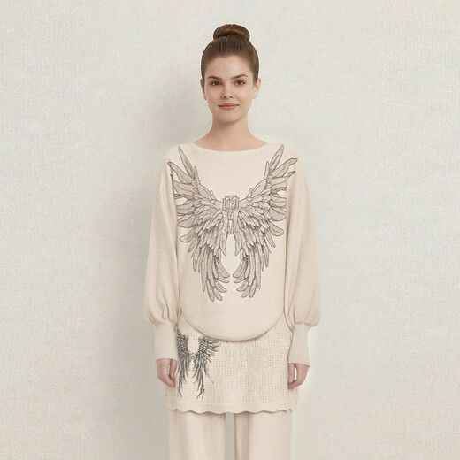 TCH knitted suit for women 26 years early spring model angel wings hot diamond fashion versatile temperament elegant style culottes two-piece set off-white S