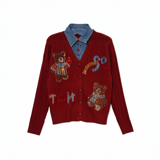 TCH knitted cardigan for women 26 years early spring fashion hot diamond retro red fake two-piece splicing denim design sweater burgundy L