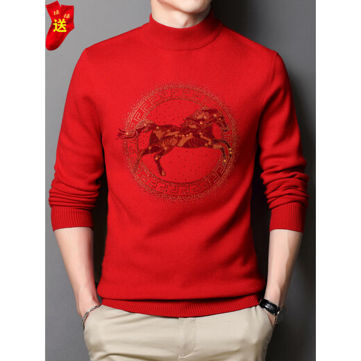 Playboy zodiac year red woolen sweater for men 2026 year of the horse with immediate success Dad woolen sweater New Year's zodiac horse red clothes half turtleneck red immediate success (+ red socks 1) L /170 (120-140Jin Jin is equal to 0.5 kg)