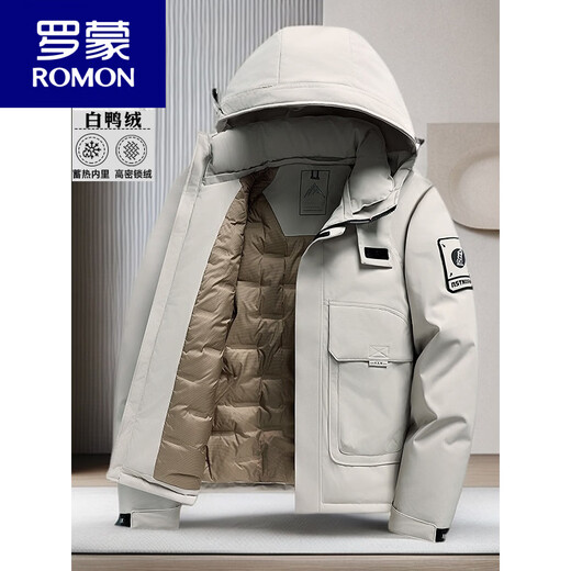 罗蒙（ROMON）冬季男士工装90白鸭绒羽绒服冬连帽冲锋衣户外保暖中青年外套 绿色 XL 180 建议120-135斤