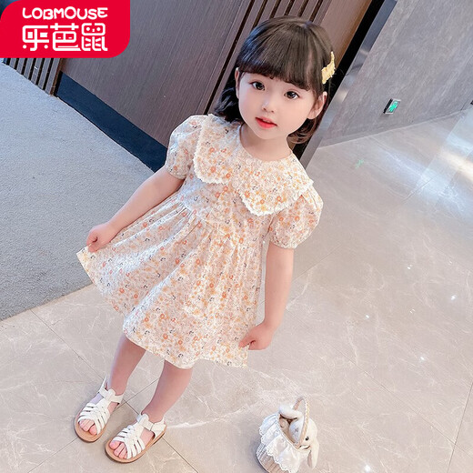 乐芭鼠童装女童连衣裙女宝宝衣服夏季甜美可爱碎花裙小孩裙子公主裙娃娃领洋气时髦薄款中小童 桔色 100码建议2-3岁 ( 90-100cm )