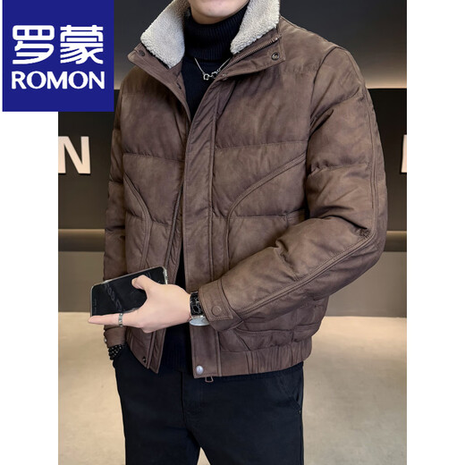 ROMON кожаный пуховик мужской зимний 2025 новый стиль съемный меховой воротник морозостойкая куртка утепленное зимнее пальто коричневого цвета M