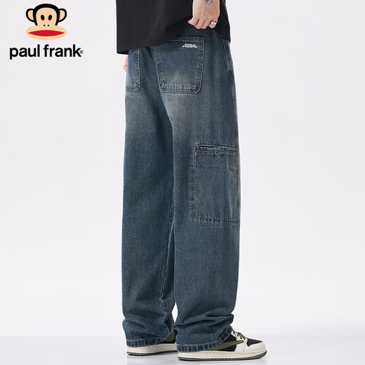 大嘴猴（paul frank）牛仔裤男士冬季拼接工装裤子男潮牌休闲裤阔腿男裤 怀旧蓝色 XL