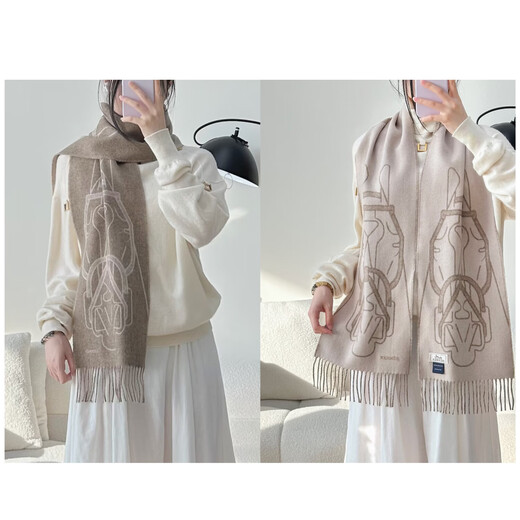 Hermes (HERMES) 26th new TeteEquestre two-color pattern design cashmere Year of the Horse scarf for men and women, New Year gift, taupe H393398T 01 25*170cm
