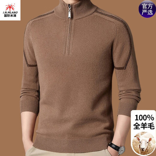 International Milan Ordos city-produced 100% woolen sweater for men with half turtleneck zipper, middle-aged winter thickened warm sheep. cashmere sweater, floral brown camel, high-end special grade non-pilling 2025 autumn and winter new style XL 175 (recommended weight 140-160Jin Jin is equal to 0.5 kg)