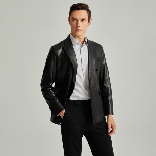 SATCHI suit collar double-breasted solid color business casual British style soft and comfortable leather jacket men's black black one size 48