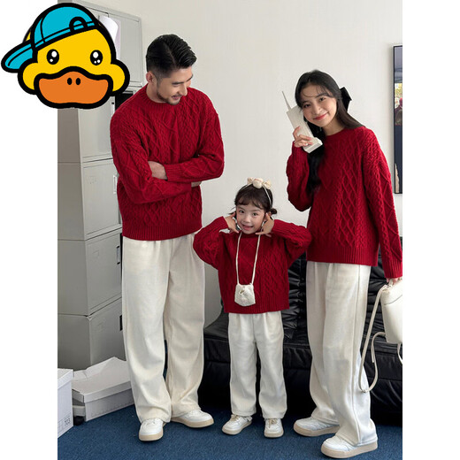 G.duck parent-child New Year's greetings clothes for a family of three and four for photo taking red New Year sweaters thickened Spring Festival street clothes for the whole family new version of twist sweater 140 cm