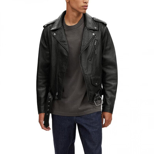 COACH Solid Color Glossy Cuban Collar Zip Closure Leather Jacket Men's Black Black M