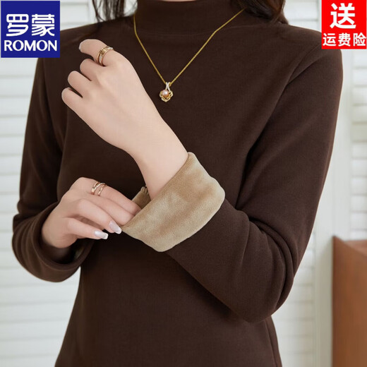 ROMON bottoming shirt plus velvet women's half turtleneck thickened autumn and winter combed velvet thermal top mid-high collar slim fit inner wear for women Brown M plus velvet style 90-100Jin Jin is equal to 0.5 kg