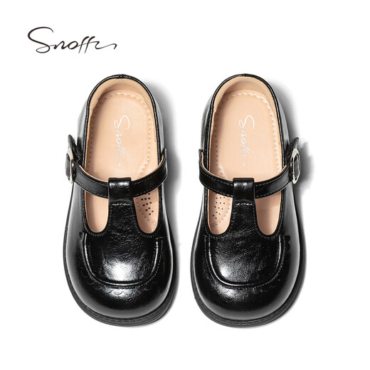 Snafy girls black leather shoes spring new 2026 little girl T-shaped campus soft sole non-slip baby shoes truffle black 25 feet length 15.55cm