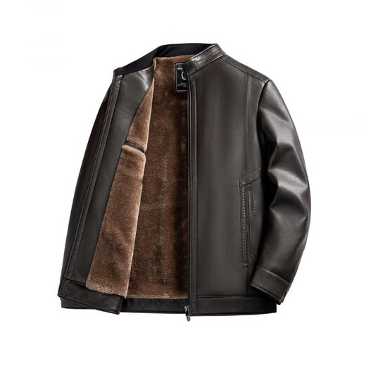 Pierre Cardin Pierre Cardin Winter Leather Jacket Men's Velvet Thickened 2026 Spring New Dad Warm Stand-up Collar Jacket Brown L Recommended 90-120Jin Jin equals 0.5 kg