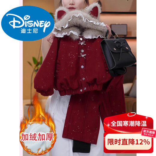 Disney Girls Winter Suit 2026 New Children's Velvet Thickened Cat Ear Bow Top New Year's Eve Two-piece Set Trendy Chinese Red 110 cm