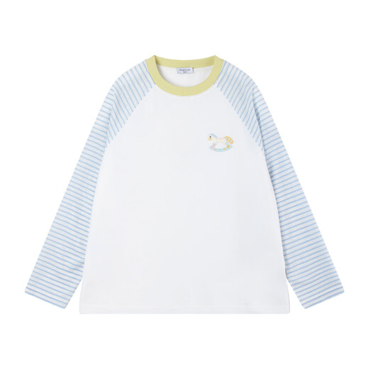 Mucmukn colorful Trojan 13 linen 48 lyocell 38 cotton pony embroidered striped T-shirt girls 26 spring blue and white strips 110 cm