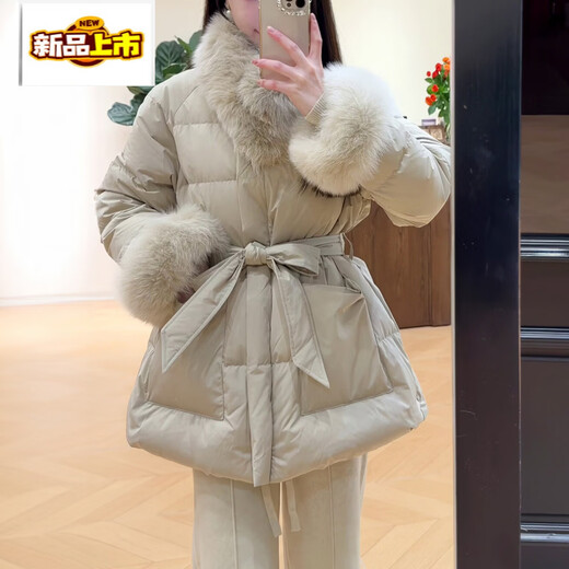 Early diameter fashionable cuffs imitation fox big fur collar down jacket for women winter mid-length waist slimming warm jacket apricot coat S recommended 80-100Jin Jin is equal to 0.5 kg