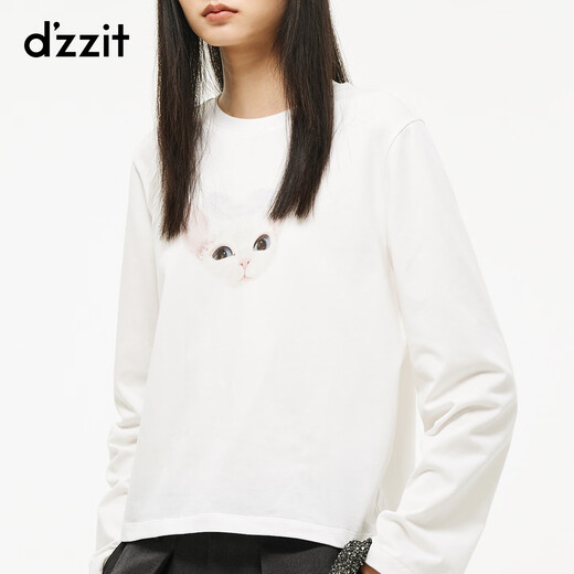 DZZIT long-sleeved T-shirt 2026 spring new simple style kitten print cotton shoulder top women 3K1BA241A white XS