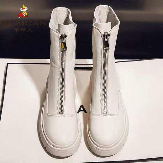 Scarecrow genuine leather Martin boots for female students Korean 2026 autumn and winter versatile mid-calf thick-soled short boots for women winter boots black plus velvet 41