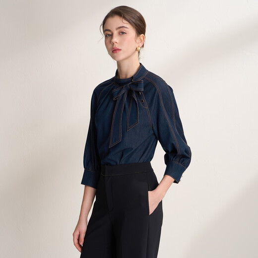 EITIE Bow Tie Fashionable Imitation Denim Shirt 2026 Spring New Loose Slimming Niche Top A2613115 Aqua Blue 39 XL (170)