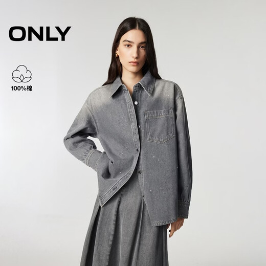 ONLY2026 spring new style loose relaxed hot diamond curved hem gradient denim shirt for women|126162001 J0Z denim gray XS
