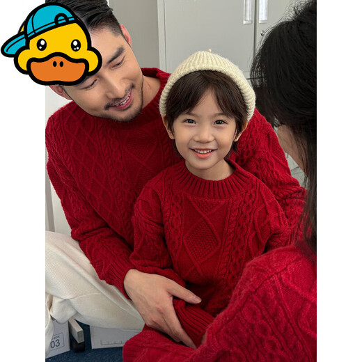 G.duck parent-child New Year's greetings clothes for a family of three and four for photo taking red New Year sweaters thickened Spring Festival street clothes for the whole family new version of twist sweater 140 cm