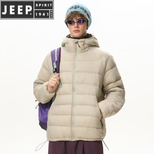JEEP SPIRIT New National Standard 2025 Winter New Hooded Lightweight Rib Down Jacket Men's Thick Jacket Short Down Jacket Men's and Women's Beige S