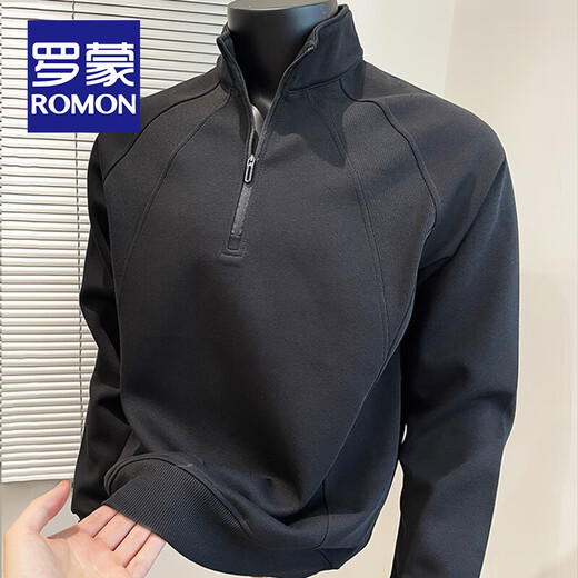 ROMON American versatile patchwork sweatshirt for men in spring and autumn, new trendy half-zip pullover, loose and versatile stand-up collar top for men, khaki XL size (recommended 140-160)