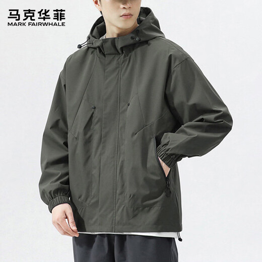 MARK FAIRWHALE Jacket Men's Winter Outdoor Work Jacket Men's Trendy Casual Hooded Top Gray Green XL
