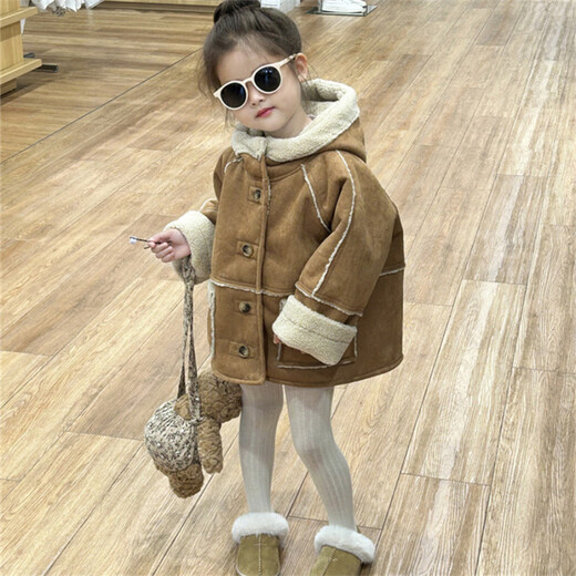 Disney children's fleece coat winter style for boys and girls baby suede thickened fur all-in-one coat little girl winter coat khaki 90 cm