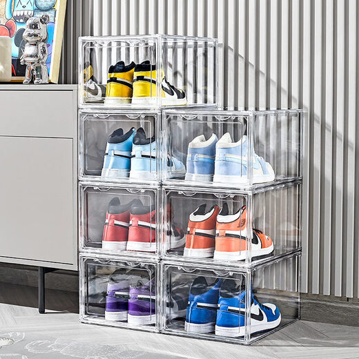 Shijanu transparent acrylic shoe box storage box shoe display rack AJ sneaker shoe cabinet dust-proof magnetic suction can be stacked with plastic side opening fully transparent shoe box 4 pieces 36x27.5x21cm