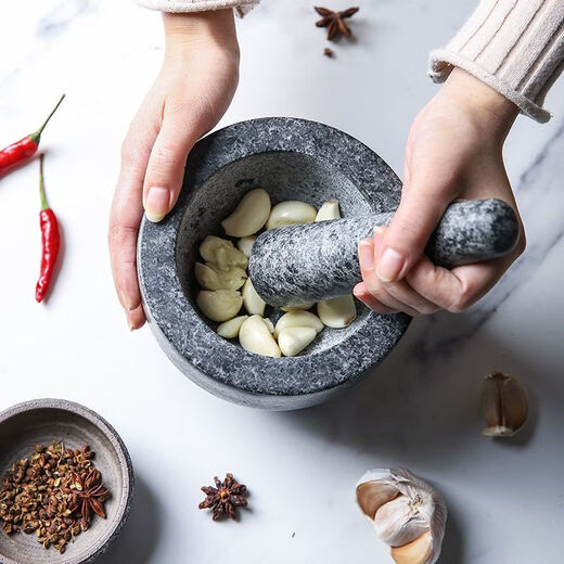 Garlic mortar, old-fashioned marble garlic mortar, manual garlic masher, stone mortar, household grinding bowl, pounding bowl, granite pestle, natural stone, durable