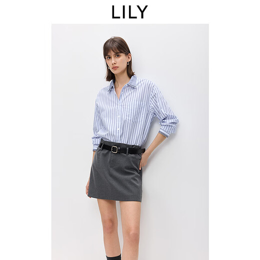 LILY2026 Spring New Pure Cotton Simple Lapel Striped Loose Casual Commuting Light Color Long Sleeve Shirt Jacket Women 424 Light Gray Blue S