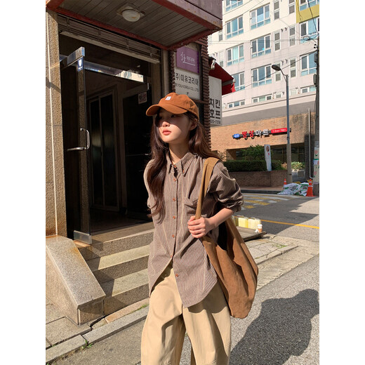Hello Canon Striped texture design lapel shirt women's autumn and winter 202 new retro Korean style casual shirt brown XS