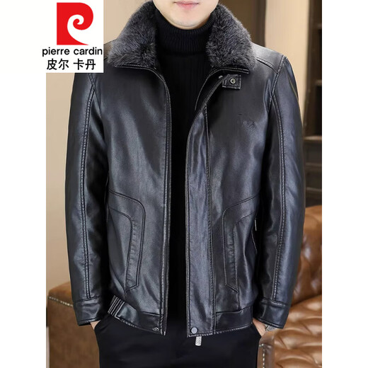 Pierre Cardin winter plush leather jacket men's Haining mink fur collar short leather jacket winter new dad jacket black no cracking no peeling L