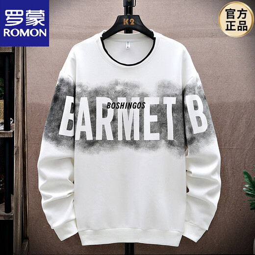 ROMON large size round neck sweatshirt men's autumn and winter plus velvet thickened warm top fat men's plus fat long-sleeved T-shirt A605 white spring and autumn style M 80-100Jin Jin is equal to 0.5 kg