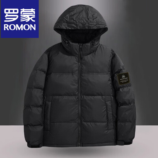 罗蒙（ROMON）国标50绒羽绒服男白鸭绒连帽羽绒服夹克休闲外套潮流商务休闲外套 米白色 L